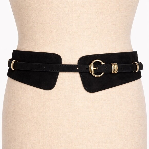 Vintage Black Faux Suede Wide Horsebit Stirrup Statement Belt Y2K size large main image 4